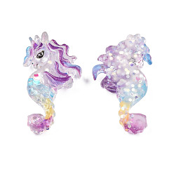 Purple Transparent Resin Cabochons, with Glitter Sequins, Sea Horse, Purple, 36x23x7.5mm