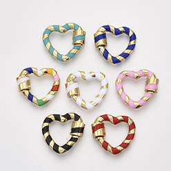 Mixed Color Brass Screw Carabiner Lock Charms, for Necklaces Making, with Enamel, Nickel Free, Heart, Real 18K Gold Plated, Mixed Color, 18x19.5x3~5.5mm