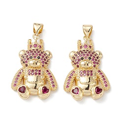 Medium Violet Red Brass Micro Pave Cubic Zirconia Pendants, Real 16K Gold Plated, Bear Charms, Medium Violet Red, 28x18x5.5mm, Hole: 5x3mm