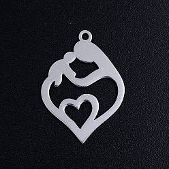 Stainless Steel Color 304 Stainless Steel Pendants, Heart with Mother and Child, for Mother's Day, Stainless Steel Color, 24x17x1mm, Hole: 1.5mm