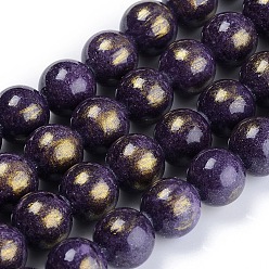 Indigo Natural Jade Beads Strands, with Gold Foil, Dyed, Round, Indigo, 10mm, Hole: 1.4mm, about 39pcs/strand, 15.55 inch(39.5cm)