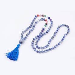 Blue Spot Jasper Natural Blue Spot Jasper Tassel Pendant Necklaces, with Gemstone Beads, Chakra Necklaces, 40.5 inch(103cm)