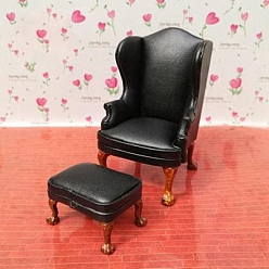 Noir Canapés simples et doubles en simili cuir avec repose-pieds pour modèle de meuble miniature de maison de poupée, noir, 105x65mm