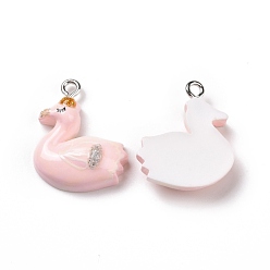 Swan Opaque Resin Pendants, with Glitter Powder and Platinum Tone Iron Loops, Animals Charm, Pink, Swan Pattern, 23x18.5x6mm, Hole: 2mm