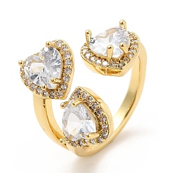 Oro Anillo de puño abierto con tres corazones y circonitas cúbicas transparentes, anillo ancho de latón chapado en rack para mujer, sin plomo y cadmio, dorado, tamaño de EE. UU. 7 1/4 (17.5 mm)