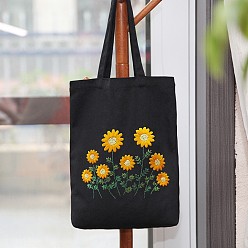 Gold DIY Wild Chrysanthemum Pattern Black Canvas Tote Bag Embroidery Kit, including Embroidery Needles & Thread, Cotton Fabric, Plastic Embroidery Hoop, Gold, 390x340x100mm