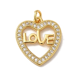 Real 18K Gold Plated Heart with Word Love Rack Plating Brass Micro Pave Clear Cubic Zirconia Pendants, Long-Lasting Plated, Lead Free & Cadmium Free, Real 18K Gold Plated, 18.5x16.5x2mm, Hole: 3mm