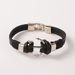 Black Leather Alloy Anchor Links Bracelets, with Snap Lock Clasps, Platinum, Black, 215x9~12x7mm