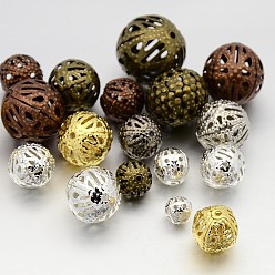 Mixed Color Mixed Style Iron Filigree Beads, Filigree Ball, Round, Mixed Color, 6~16mm, Hole: 0.5~1mm