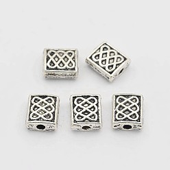 Antique Silver Tibetan Style Alloy Beads, Rectangle Carved Endless Knot, Antique Silver, 6x7x3mm, Hole: 1mm