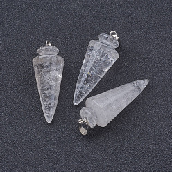 Quartz Crystal Natural Quartz Crystal Pendants, Rock Crystal Pendants, with Platinum Tone Brass Findings, Cone/Spike/Pendulum, 43~45x16mm, Hole: 5x7mm