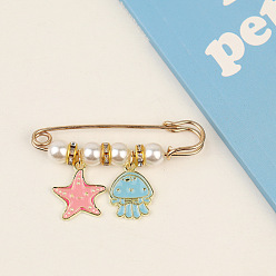 Other Animal Alloy Enamel Charm Safety Pin Brooches, Imitation Pearl Waist Pants Extender for Women, Golden, Sea Animals, 57mm