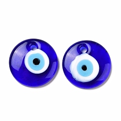 Blue Handmade Lampwork Evil Eye Pendants, Flat Round, Blue, 20x4mm, Hole: 2.8mm