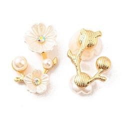 White Zinc Alloy Cabochons, with Plastic Imitation Pearls and Rhinestones, Plum Blossom Branch, White, 23.5x15x6mm