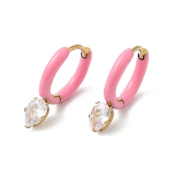 Pink Glass Teardrop Dangle Hoop Earrings with Enamel, Real 14K Gold Plated 304 Stainless Steel Jewelry, Pink, 20x15x4.5mm, Pin: 1mm
