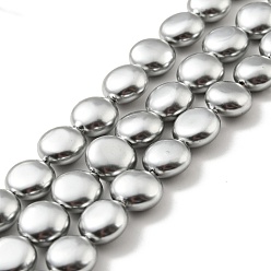 Silver Electroplated Shell Pearl Beads Strands, Polished, Flat Round, Silver, 9.5~10x5~5.5mm, Hole: 1mm, about 41pcs/strand, 16.14 inch(41cm)