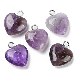 Amethyst Natural Amethyst Pendants, Heart Charms with Platinum Plated Brass Loops, 14.8~15x12x4.1~4.6mm, Hole: 2mm