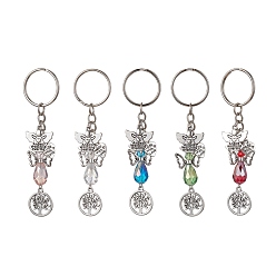 Couleur Mélangete Porte-clés pendentif ange en verre et arbre de vie en alliage, avec porte-clés fendus, couleur mixte, 9.6 cm