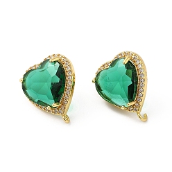Green Rack Plating Brass Rhinestone Stud Earring Finding, with Glass, Heart with Vertical Loops, Real 18K Gold Plated, Cadmium Free & Lead Free, Green, 20.5x17mm, Hole: 1.6mm, Pin: 0.7mm