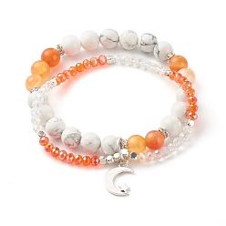 Carnelian Moon and Star Charm Multi-strand Bracelet, Natural Howlite & Carnelian Round Beads Bracelet, Sparkling Glass Beads Bracelet for Girl Women, Inner Diameter: 2-1/8 inch(5.4cm)