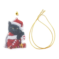 Bag Décoration de pendentif en acrylique en forme de chat de noël, avec corde en nylon et cloche en fer, pour ornement suspendu de rétroviseur de voiture, sac, 79.5x48.5x4mm, Trou: 2.5mm