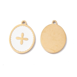 White Ion Plating(IP) 304 Stainless Steel Pendants, with Enamel, Real 24K Gold Plated, Oval with Cross, White, 13.5x10x1mm, Hole: 1mm