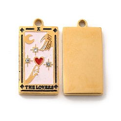 Pink 304 Stainless Steel Pendants, with Enamel and Rhinestone, Golden, Rectangle with Tarot Pattern, The Lovers, Pink, 21x10.5x2mm, Hole: 1.5mm