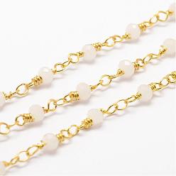 Floral White Handmade Glass Beaded Chains, with Spool, Unwelded, Faceted Rondelle, Imitation Jade, with Brass Findings, Golden, Floral White, 4mm, about 32.8 Feet(10m)/roll