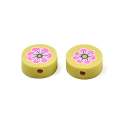 Yellow Handmade Polymer Clay Beads, Flat Round with Flower, Yellow, 9~10x4~4.5mm, Hole: 1.2~1.8mm