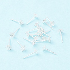 Silver 925 Sterling Silver Stud Earring Findings, for Half Drilled Beads, Flower, Silver, 4.5x4.5mm, Pin: 0.7mm