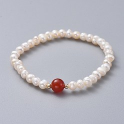 Carnelian Stretch Grade A Natural Freshwater Pearl Bracelets, with Natural Carnelian(Dyed & Heated) Beads and Brass Beads, 2 inch(5.1cm)