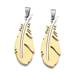 Light Gold Ion Plating(IP) 201 Stainless Steel Pendants, Laser Cut, Feather, Light Gold, 49x17.5x1mm, Hole: 4x7.5mm