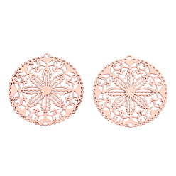Rose Gold Rack Plating Brass Filigree Pendants, Long-Lasting Plated, Flat Round with Flower, Nickel Free, Rose Gold, 31.5x30x0.4mm, Hole: 1.4mm