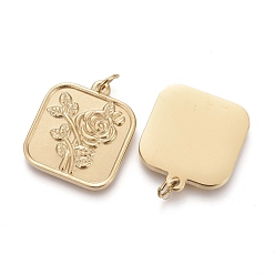 Golden Valentine's Day Ion Plating(IP) 304 Stainless Steel Pendants, with Jump Rings, Square with Rose, Golden, 20x17.5x2mm, Hole: 3.5mm