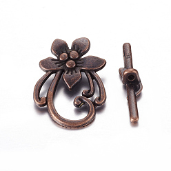 Red Copper Tibetan Style Toggle Clasps, Lead Free, Cadmium Free and Nickel Free, Red Copper Colorl, Flower, Flower: 20mm wide, 28mm long, Bar: 5mm wide, 30mm long, hole: 2mm