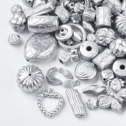 Silver Plated Plated Acrylic Beads, Mixed Style, Silver Color Plated, 8~17x4~11x4~11mm, Hole: 1~3mm