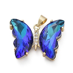 Blue Brass Micro Pave Clear Cubic Zirconia Pendants, with Glass, Butterfly, Golden, Blue, 20x26.5x5mm