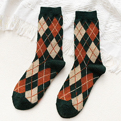 Dark Slate Gray Wool Knitting Socks, Rhombus Pattern Crew Socks, Winter Warm Thermal Socks, Dark Slate Gray, 10mm