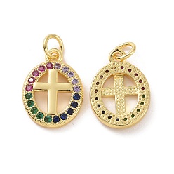 Real 18K Gold Plated Brass Micro Pave Colorful Cubic Zirconia Pendants, with Jump Ring, Oval with Cross Charms, Real 18K Gold Plated, 16.5x12x2.5mm, Hole: 3.2mm