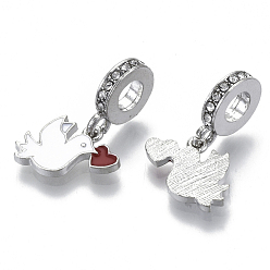 Creamy White Alloy European Dangle Charms, with Crystal Rhinestone and Enamel, Large Hole Pendants, Pigeon, Platinum, Creamy White, 24mm, Hole: 5mm, Pigeon: 13x15x2mm