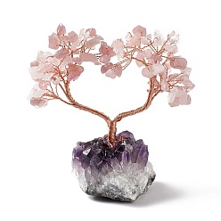 Rose Quartz Natural Rose Quartz Tree Display Decoration, Druzy Amethyst Base Feng Shui Ornament for Wealth, Luck, Love, Rose Gold Brass Wires Wrapped, 40~54x82~93x106~120mm