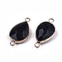 Blue Goldstone Synthetic Blue Goldstone Links Connectors, with Light Gold Tone Brass Findings, Faceted, Teardrop, 27x14x6mm, Hole: 2mm