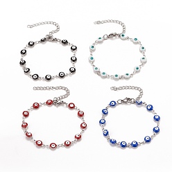 Mixed Color Enamel Oval with Evil Eye Link Chains Bracelet, 304 Stainless Steel Jewelry for Women, Stainless Steel Color, Mixed Color, 6-1/2 inch(16.5cm)