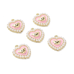 Pink Alloy Enamel Pendants, with ABS Plastic Imitation Pearl, Cadmium Free & Lead Free, Light Gold, Heart with Bear, Pink, 17x16x4mm, Hole: 1.6mm