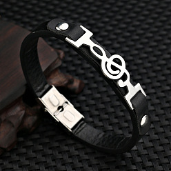 Black 304 Stainless Steel Musical Note Link Bracelet, Leather Cord Wristband for Men Women, Black, 8-1/4 inch(21cm)