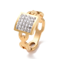 Golden Crystal Rhinestone Rectangle Finger Ring, Ion Plating(IP) 304 Stainless Steel Jewelry for Women, Golden, US Size 6~9(16.5~18.9mm)