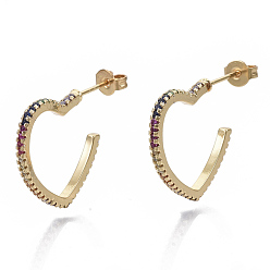 Real 18K Gold Plated Brass Micro Pave Colorful Cubic Zirconia Stud Earrings, with Earring Backs, Heart, Real 16K Gold Plated, 27x20x2mm, Pin: 0.7mm