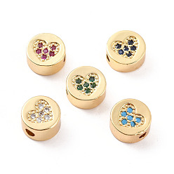 Mixed Color Rack Plating Brass Micro Pave Cubic Zirconia Beads, Cadmium Free & Lead Free, Real 18K Gold Plated, Flat Round with Heart Pattern, Mixed Color, 11x5mm, Hole: 2mm