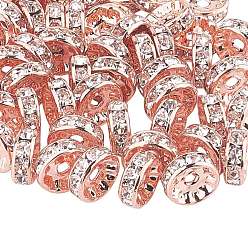 Cristal Séparateurs perles en verre avec strass en laiton, grade de aaa, bride droite, couleur métal or rose , rondelle, cristal, 10x4mm, trou: 2 mm, 50 / boîte