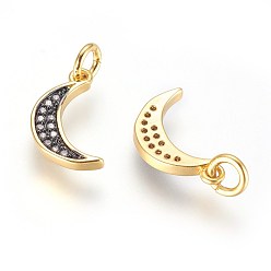 Gunmetal & Golden Brass Micro Pave Cubic Zirconia Charms, with Jump Ring, Moon, Clear, Gunmetal & Golden, 15x8x2mm, Hole: 2.5mm